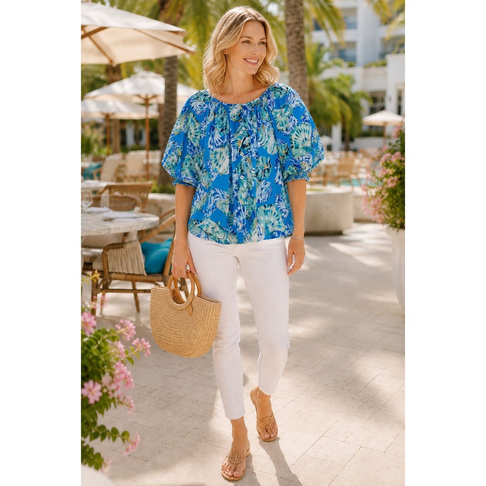 Chico's Seashell Print Puff Sleeve Blouse Blue Tropical Resort Size 3 XL / 16